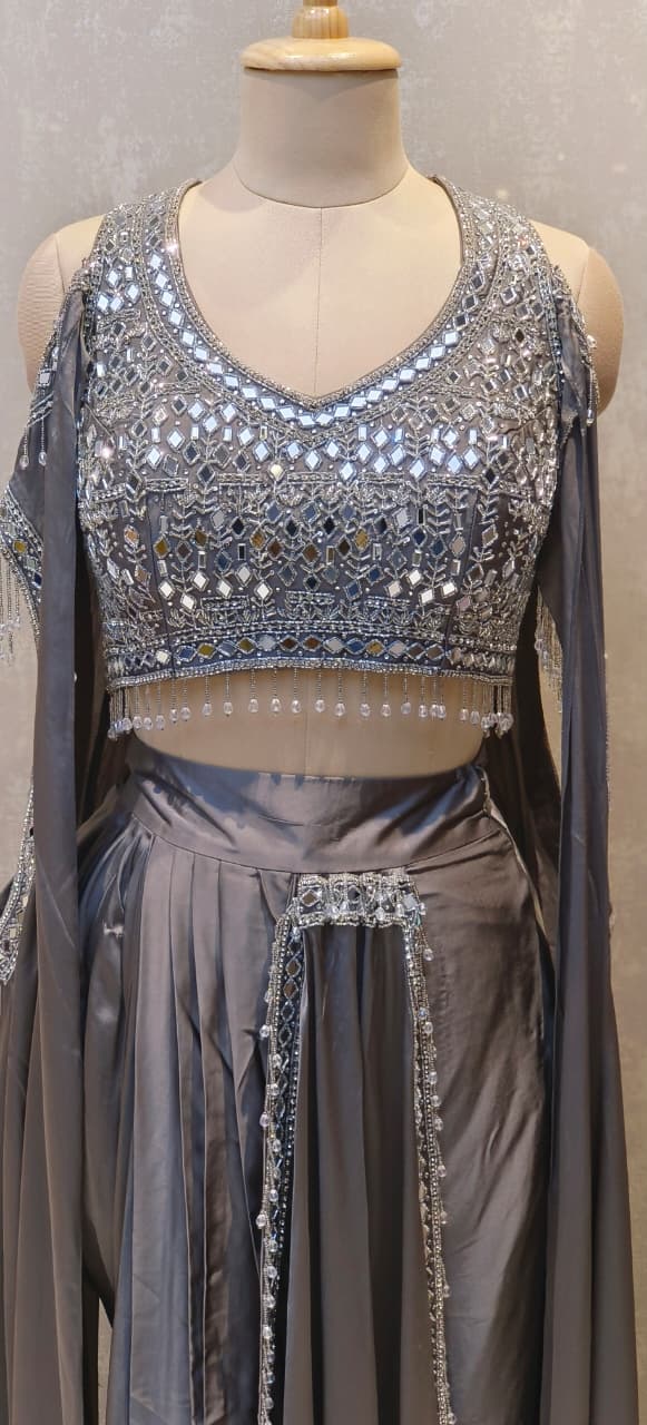 High-Fashion Partywear Drape Skirt Set with Heavy Hand-Embroidered Mirror Blouse, Dramatic Side Cut Drape & Crystal Hangings