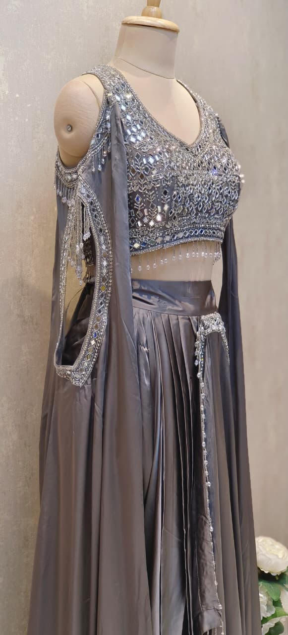 High-Fashion Partywear Drape Skirt Set with Heavy Hand-Embroidered Mirror Blouse, Dramatic Side Cut Drape & Crystal Hangings