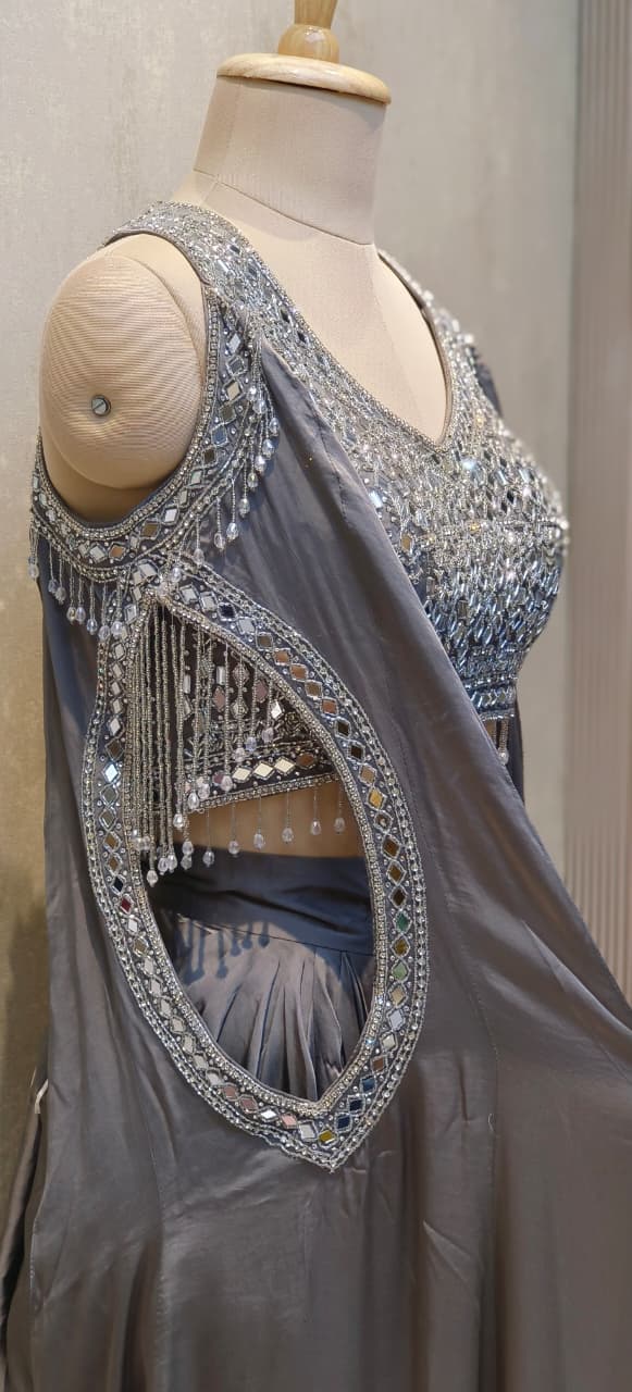 High-Fashion Partywear Drape Skirt Set with Heavy Hand-Embroidered Mirror Blouse, Dramatic Side Cut Drape & Crystal Hangings