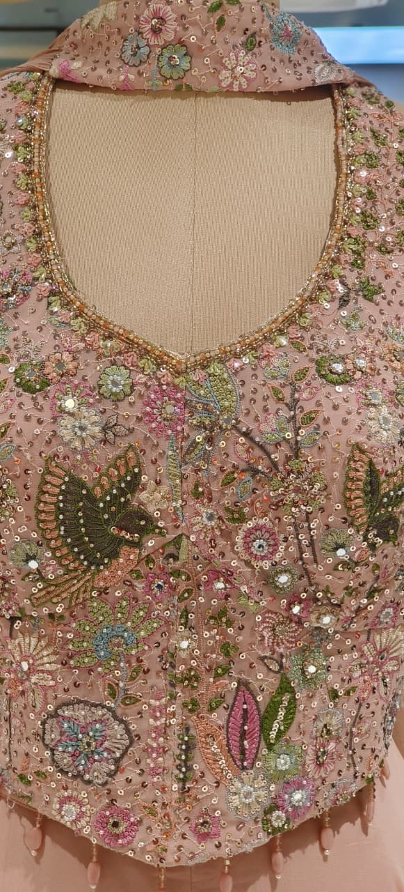 Luxury Embellished Halter Neck Crop Top with Multi-Colour Handwork and High-Flare Palazzo Set With Chokar Dupatta DRYWASH