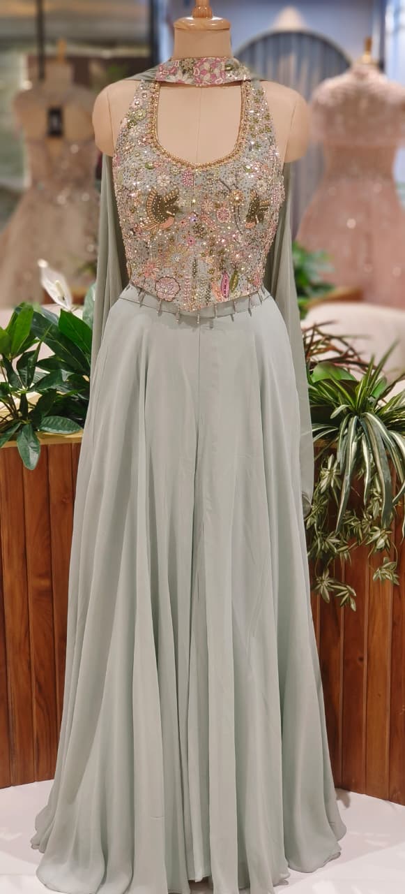 Luxury Embellished Halter Neck Crop Top with Multi-Colour Handwork and High-Flare Palazzo Set With Chokar Dupatta DRYWASH
