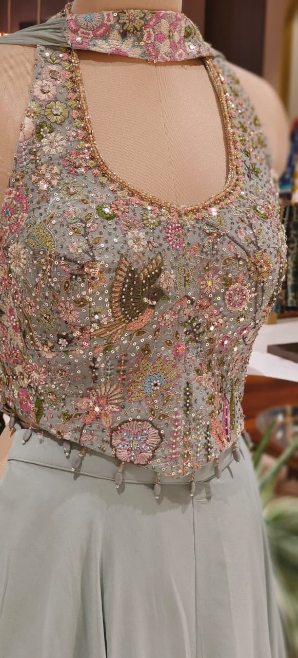 Luxury Embellished Halter Neck Crop Top with Multi-Colour Handwork and High-Flare Palazzo Set With Chokar Dupatta DRYWASH