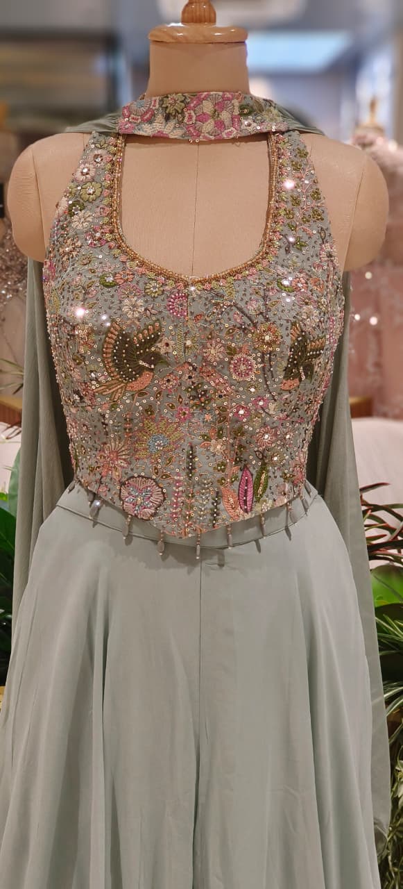 Luxury Embellished Halter Neck Crop Top with Multi-Colour Handwork and High-Flare Palazzo Set With Chokar Dupatta DRYWASH