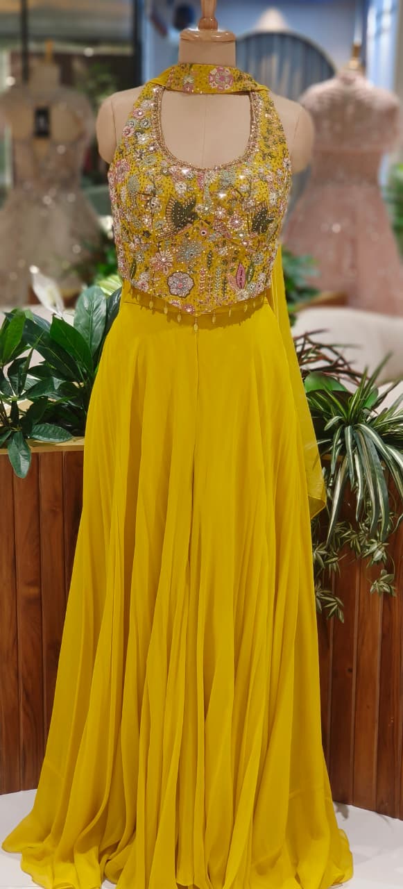 Luxury Embellished Halter Neck Crop Top with Multi-Colour Handwork and High-Flare Palazzo Set With Chokar Dupatta DRYWASH