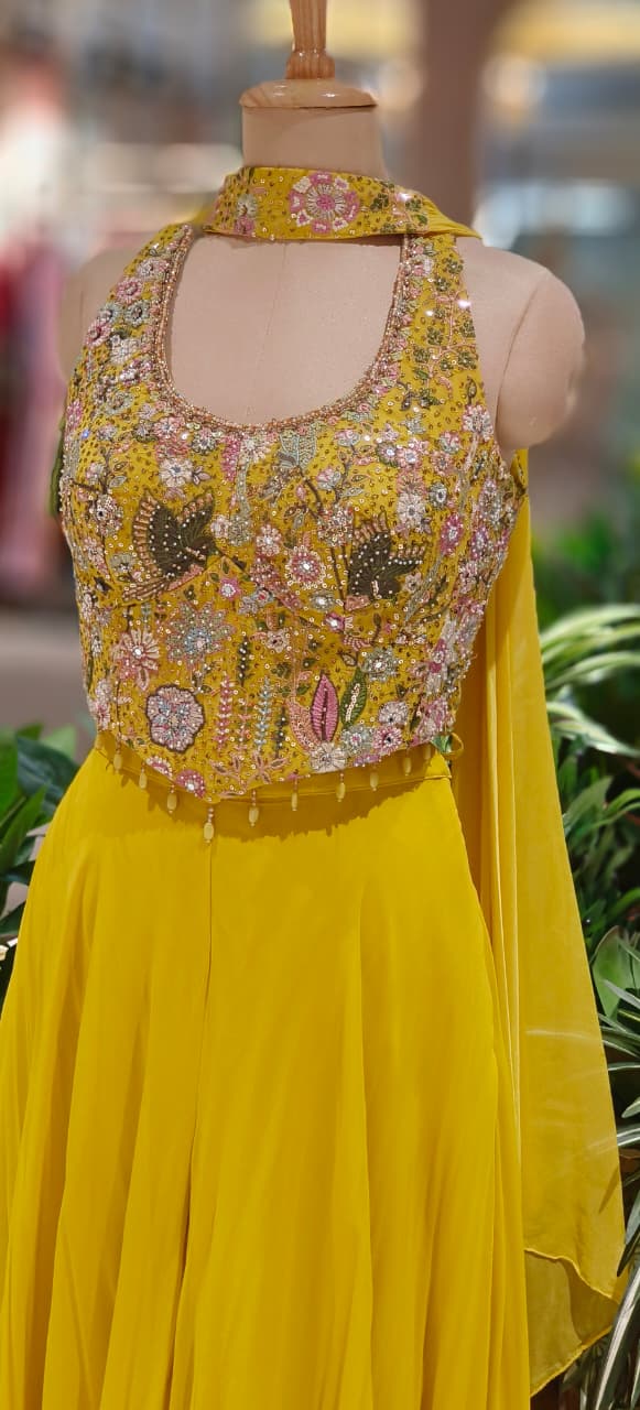 Luxury Embellished Halter Neck Crop Top with Multi-Colour Handwork and High-Flare Palazzo Set With Chokar Dupatta DRYWASH