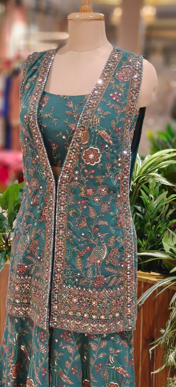 Elegant Emerald Green Designer Ensemble Featuring Heavy Embroidered Jacket and Matching Flared Palazzo