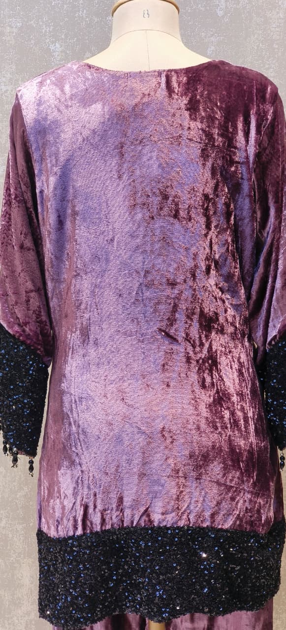 Designer Heavy Velvet Kurta with Sequin Work Sleeves, Embellished Hem and Straight Pants and Dupatta DRYWASH