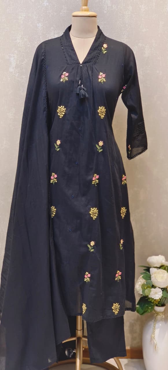 Premium Hand-Embroidered Aline Mul Cotton Kurta Pant Full Set With Tassel Detailing and Dupatta-12614,12615