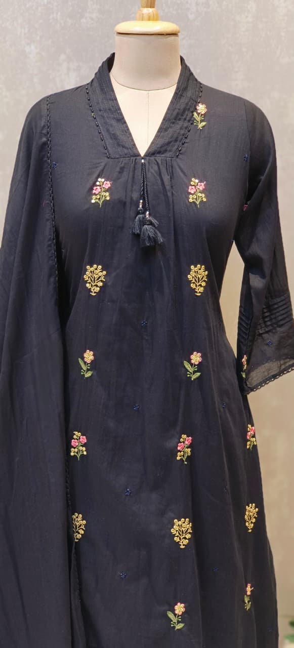 Premium Hand-Embroidered Aline Mul Cotton Kurta Pant Full Set With Tassel Detailing and Dupatta-12614,12615