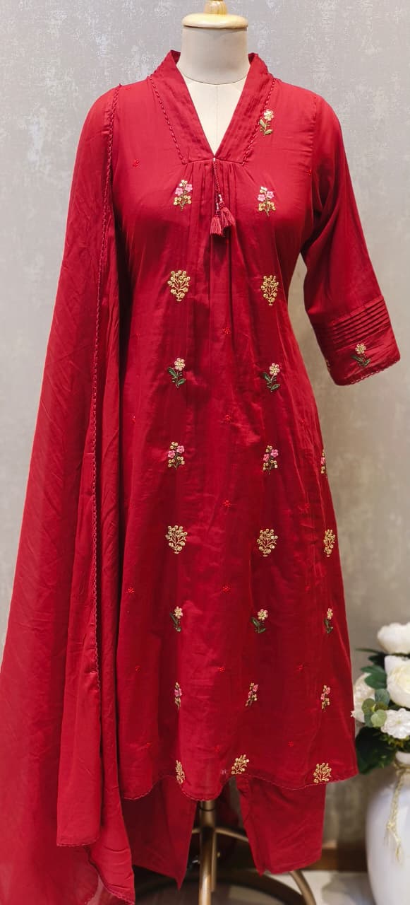 Premium Hand-Embroidered Aline Mul Cotton Kurta Pant Full Set With Tassel Detailing and Dupatta-12614,12615