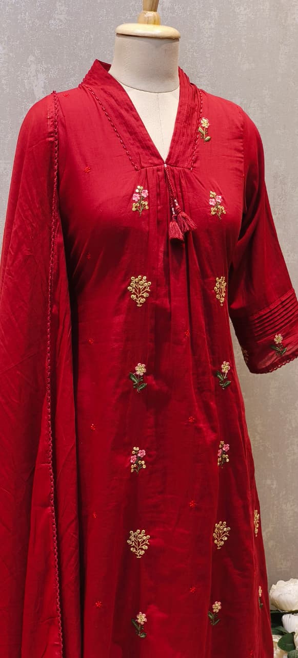 Premium Hand-Embroidered Aline Mul Cotton Kurta Pant Full Set With Tassel Detailing and Dupatta-12614,12615