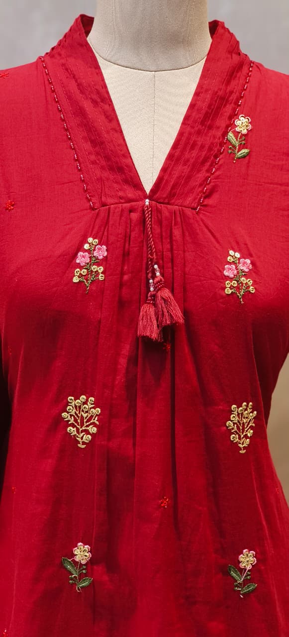 Premium Hand-Embroidered Aline Mul Cotton Kurta Pant Full Set With Tassel Detailing and Dupatta-12614,12615