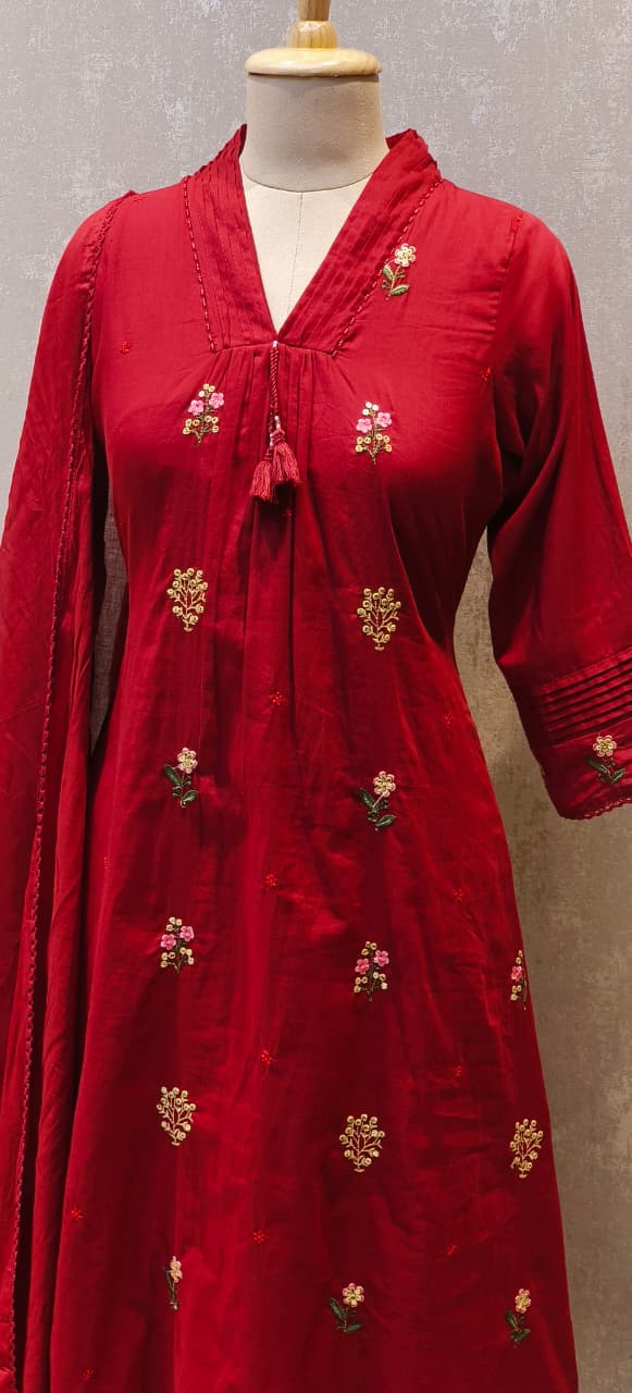 Premium Hand-Embroidered Aline Mul Cotton Kurta Pant Full Set With Tassel Detailing and Dupatta-12614,12615