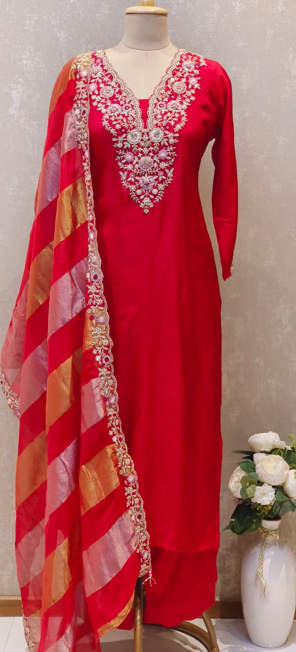 Designer Pastel Suit Set Featuring Hand-Embroidered Motifs, Rich Hem Detailing and Lightweight Dupatta DRYWASH