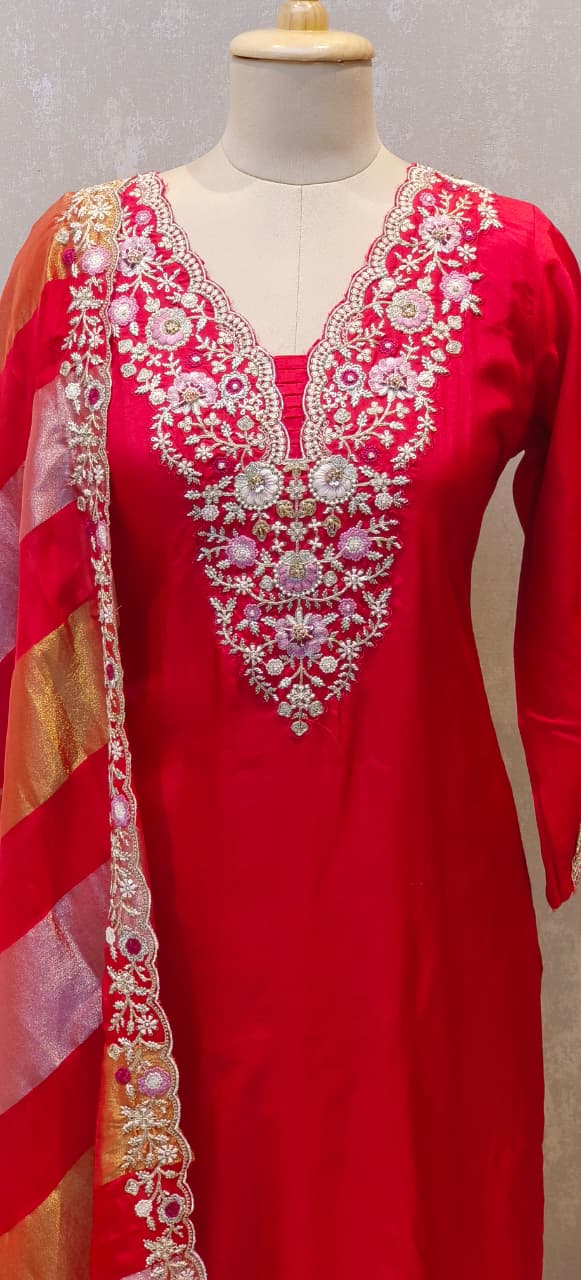 Designer Pastel Suit Set Featuring Hand-Embroidered Motifs, Rich Hem Detailing and Lightweight Dupatta DRYWASH