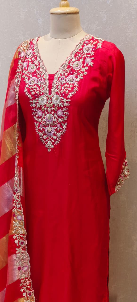 Designer Pastel Suit Set Featuring Hand-Embroidered Motifs, Rich Hem Detailing and Lightweight Dupatta DRYWASH