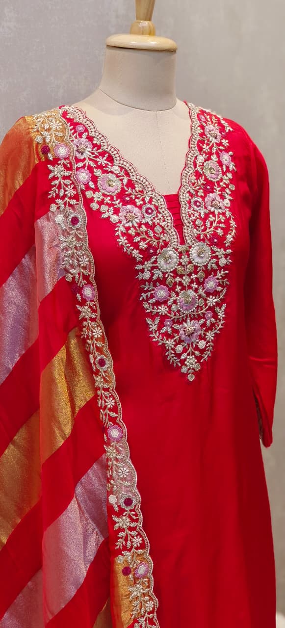 Designer Pastel Suit Set Featuring Hand-Embroidered Motifs, Rich Hem Detailing and Lightweight Dupatta DRYWASH