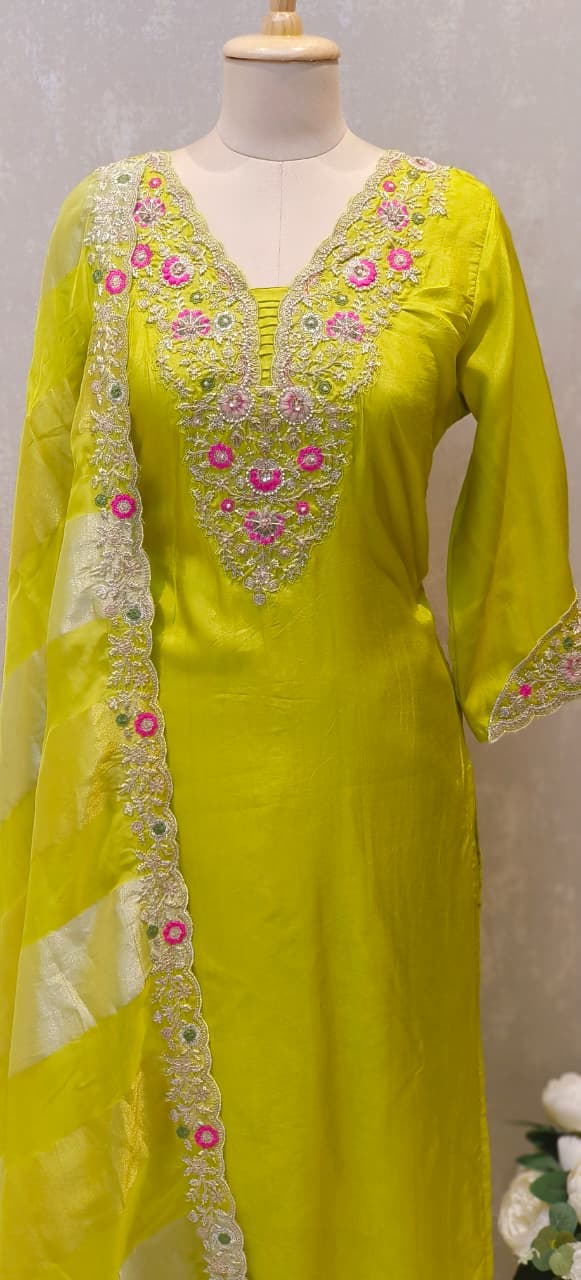 Designer Pastel Suit Set Featuring Hand-Embroidered Motifs, Rich Hem Detailing and Lightweight Dupatta DRYWASH