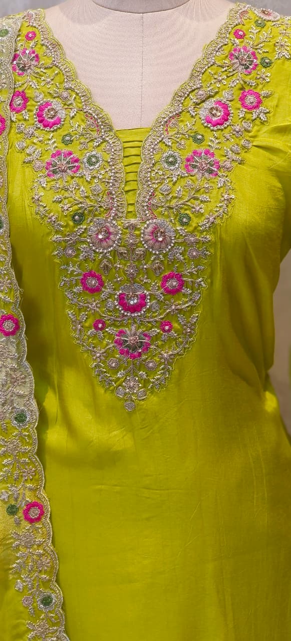 Designer Pastel Suit Set Featuring Hand-Embroidered Motifs, Rich Hem Detailing and Lightweight Dupatta DRYWASH