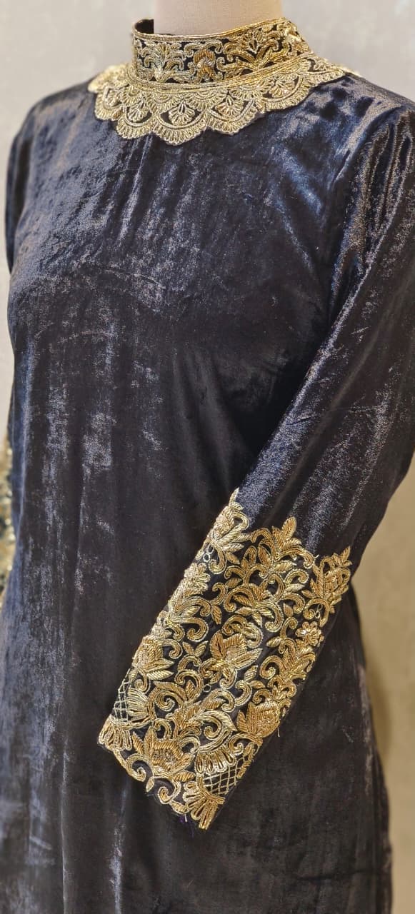 Rich Golden Zardosi Work Covered Neck Velvet Kurta With Heavy Brocade Bottom & Plain Bordered Dupatta- 12612