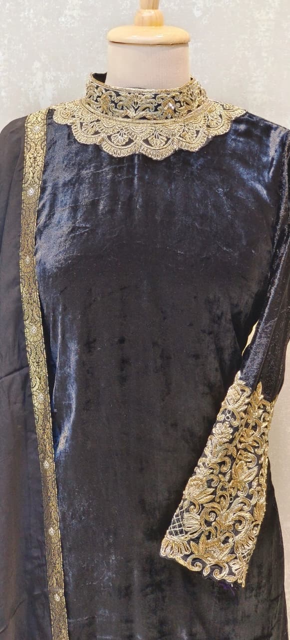 Rich Golden Zardosi Work Covered Neck Velvet Kurta With Heavy Brocade Bottom & Plain Bordered Dupatta- 12612