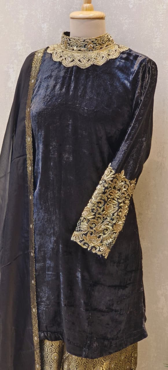 Rich Golden Zardosi Work Covered Neck Velvet Kurta With Heavy Brocade Bottom & Plain Bordered Dupatta- 12612