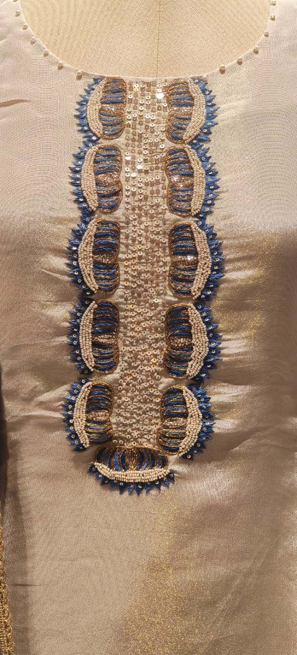 Elegant Shimmer Tissue Full Set with Designer Neck Embroidery Paired with Blue Striped Tissue Dupatta DRYWASH