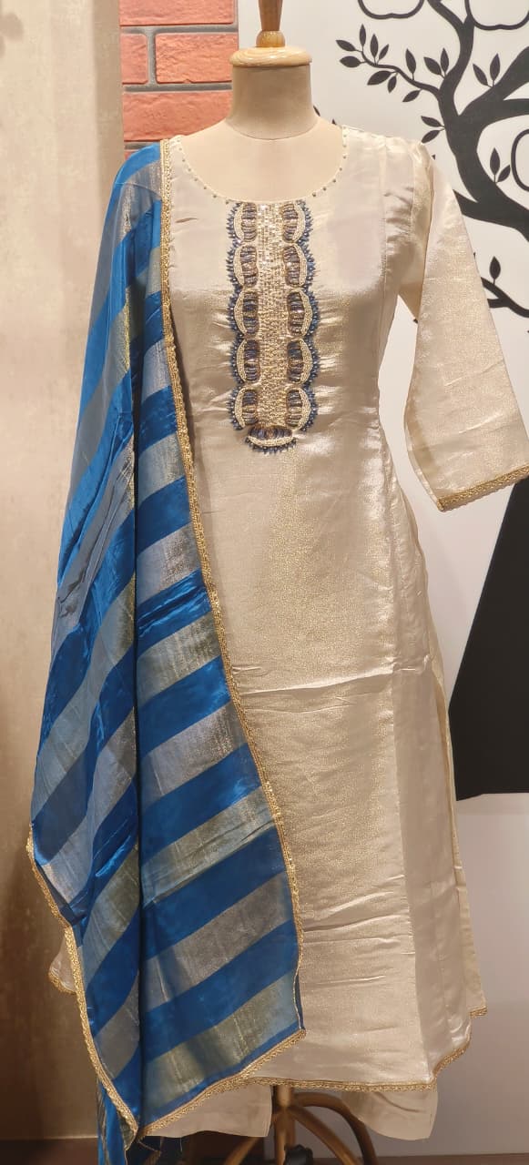 Elegant Shimmer Tissue Full Set with Designer Neck Embroidery Paired with Blue Striped Tissue Dupatta DRYWASH
