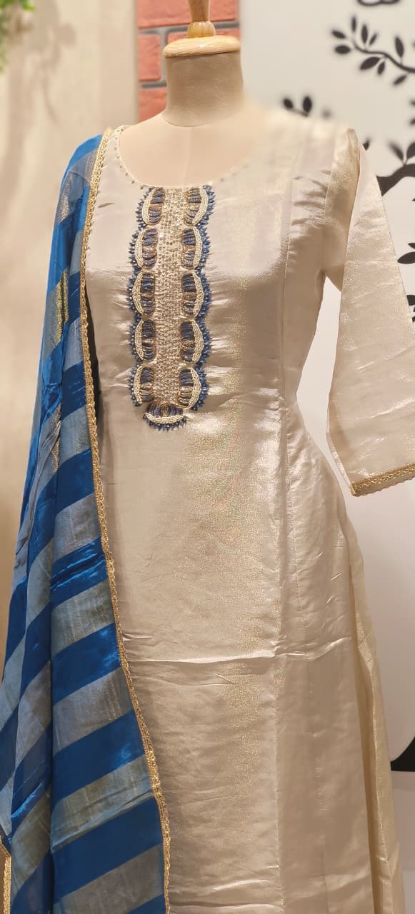 Elegant Shimmer Tissue Full Set with Designer Neck Embroidery Paired with Blue Striped Tissue Dupatta DRYWASH