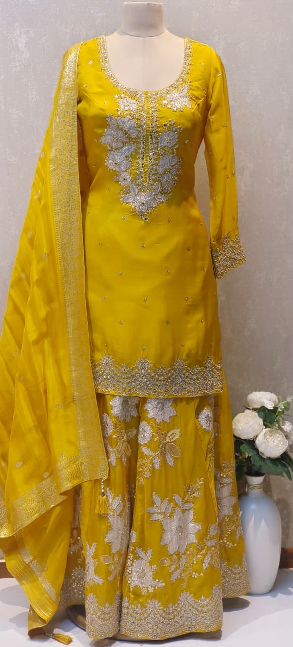 Luxury Embellished Straight Kurta Paired with Heavy Floral Embroidered Palazzo and Matching Dupatta DRYWASH