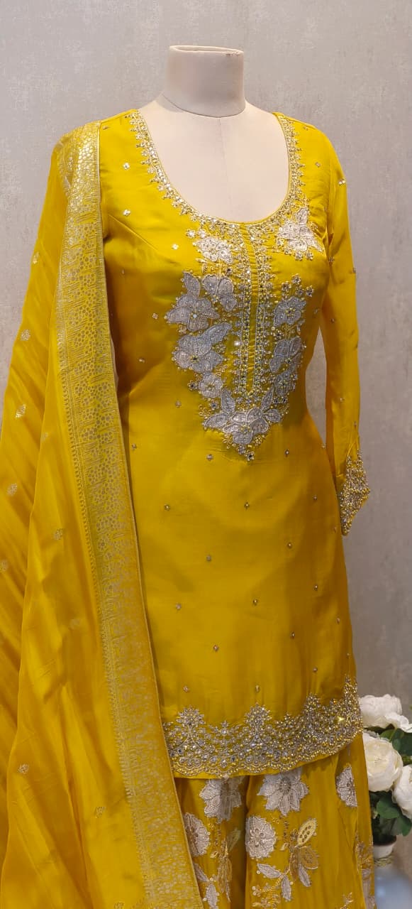 Luxury Embellished Straight Kurta Paired with Heavy Floral Embroidered Palazzo and Matching Dupatta DRYWASH