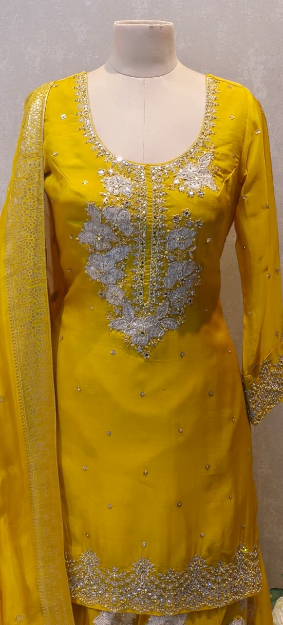 Luxury Embellished Straight Kurta Paired with Heavy Floral Embroidered Palazzo and Matching Dupatta DRYWASH