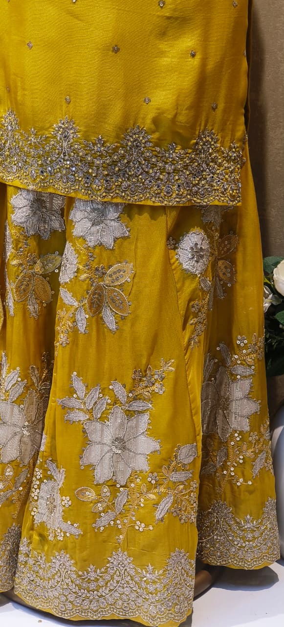 Luxury Embellished Straight Kurta Paired with Heavy Floral Embroidered Palazzo and Matching Dupatta DRYWASH