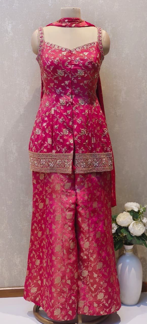 Designer Banarasi Silk Short Kurti and Palazzo Set in Rich Pink with Intricate Zari Weave and Heavy Border Detailing DRYWASH
