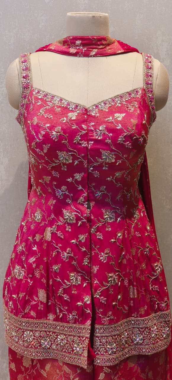 Designer Banarasi Silk Short Kurti and Palazzo Set in Rich Pink with Intricate Zari Weave and Heavy Border Detailing DRYWASH