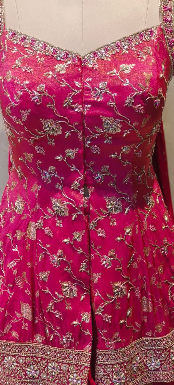 Designer Banarasi Silk Short Kurti and Palazzo Set in Rich Pink with Intricate Zari Weave and Heavy Border Detailing DRYWASH