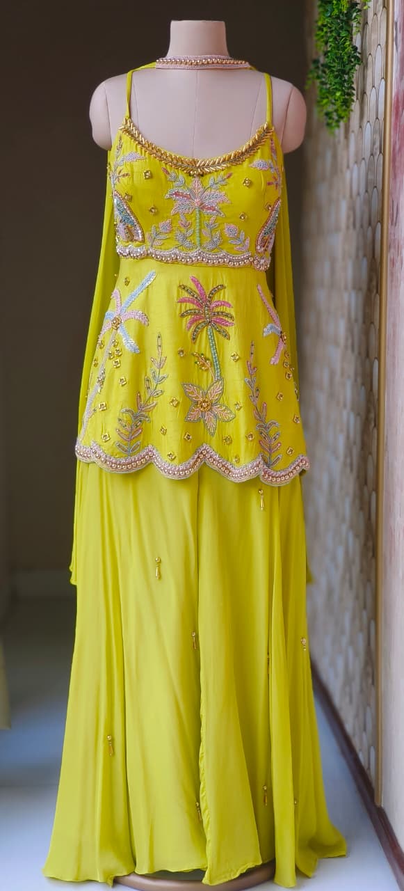 Premium Bright Yellow Peplum Top and Palazzo Ensemble Featuring Handcrafted Floral Embroidery and Elegant Dupatta
