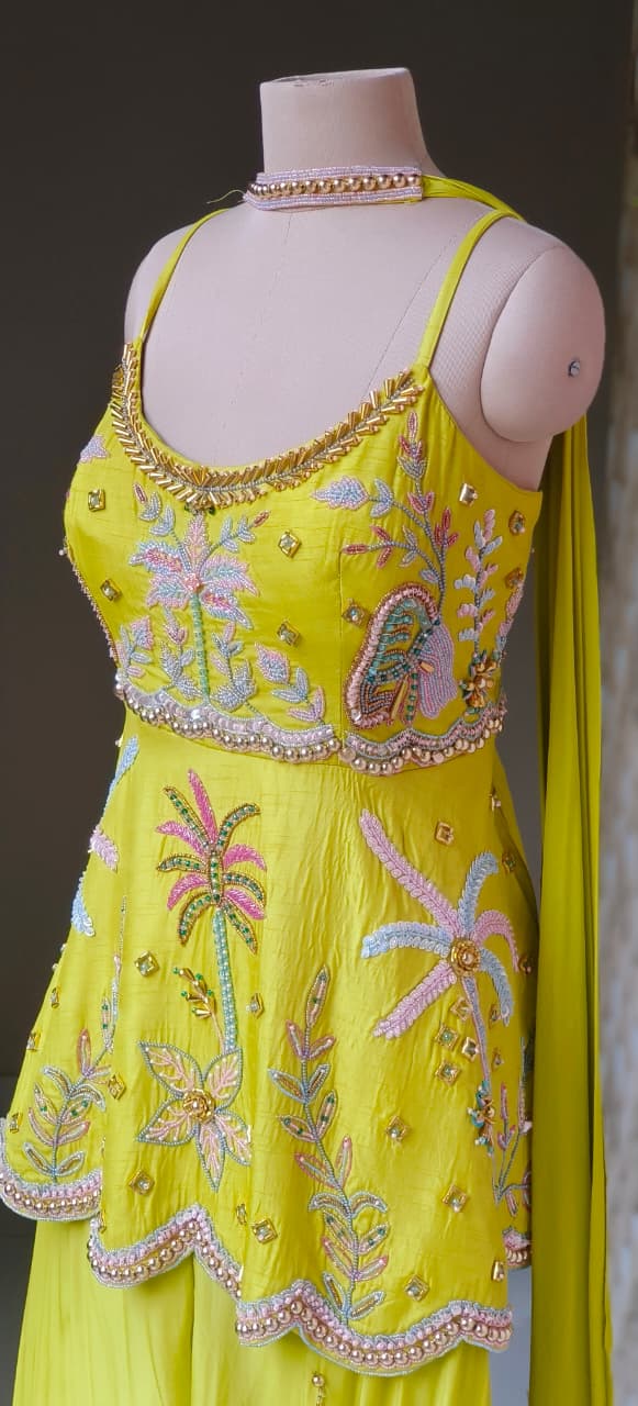 Premium Bright Yellow Peplum Top and Palazzo Ensemble Featuring Handcrafted Floral Embroidery and Elegant Dupatta