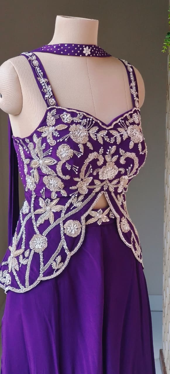 Royal Purple Heavy Embroidered Butterfly Style Top With Loose Palazzo Set with Intricate Cut-Work Detailing And Choker Dupatta
