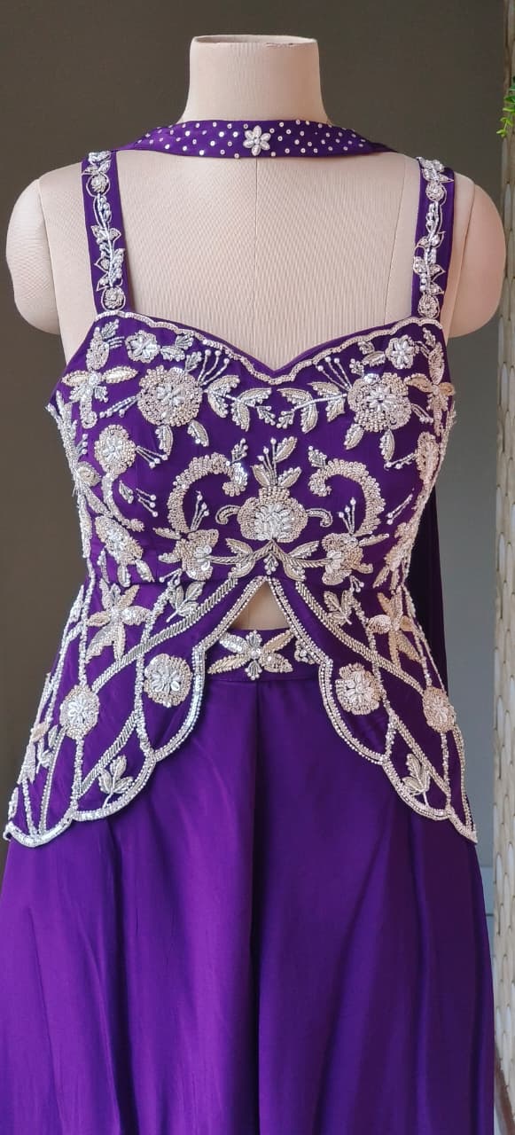 Royal Purple Heavy Embroidered Butterfly Style Top With Loose Palazzo Set with Intricate Cut-Work Detailing And Choker Dupatta