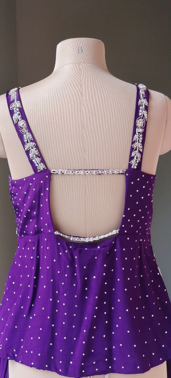 Royal Purple Heavy Embroidered Butterfly Style Top With Loose Palazzo Set with Intricate Cut-Work Detailing And Choker Dupatta