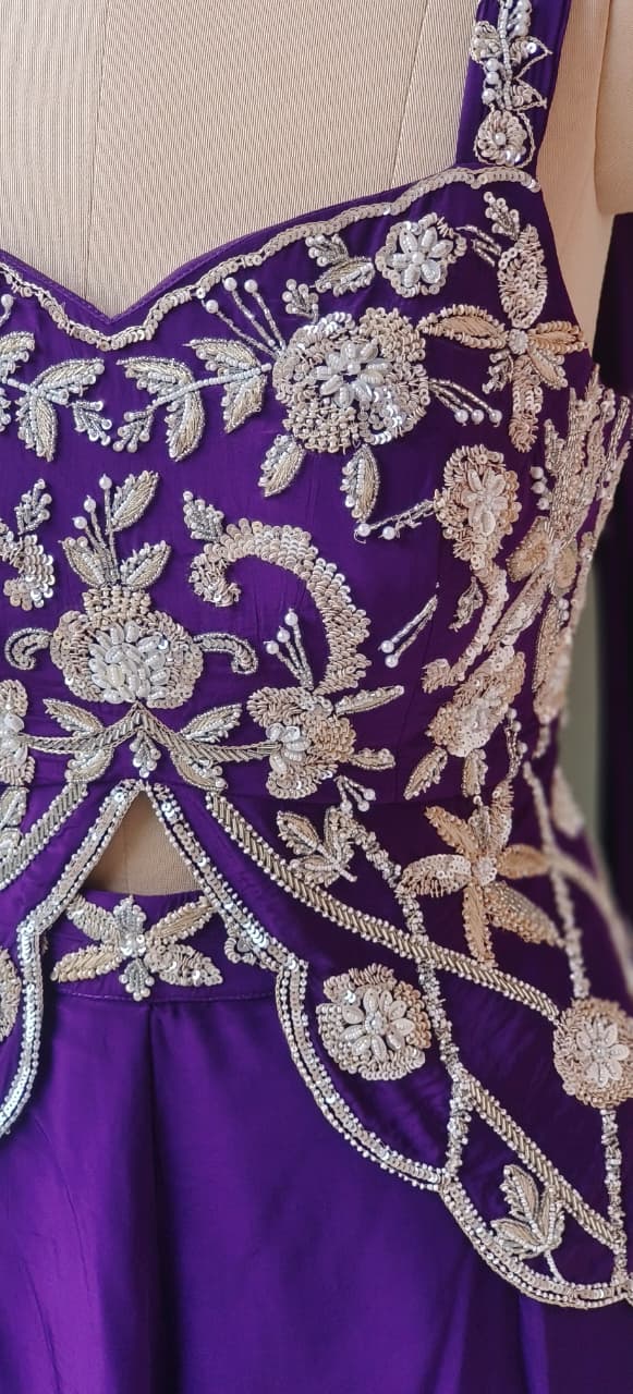 Royal Purple Heavy Embroidered Butterfly Style Top With Loose Palazzo Set with Intricate Cut-Work Detailing And Choker Dupatta