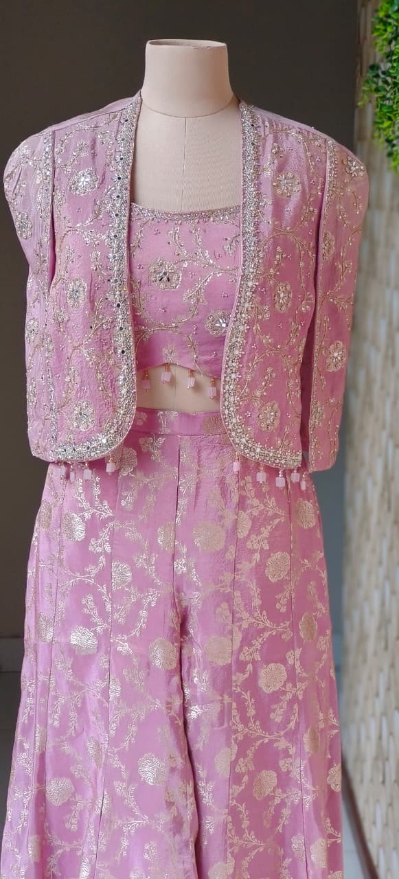 Premium Banarasi Brocade Three-Piece Co-Ord Set with Embellished Jacket, Crop Top & Flared Palazzo