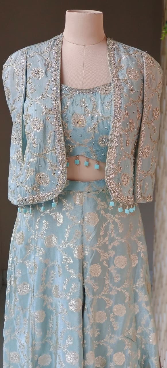 Premium Banarasi Brocade Three-Piece Co-Ord Set with Embellished Jacket, Crop Top & Flared Palazzo