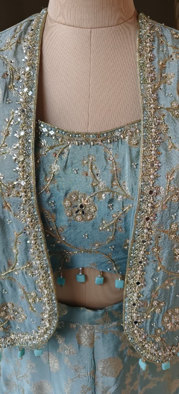 Premium Banarasi Brocade Three-Piece Co-Ord Set with Embellished Jacket, Crop Top & Flared Palazzo