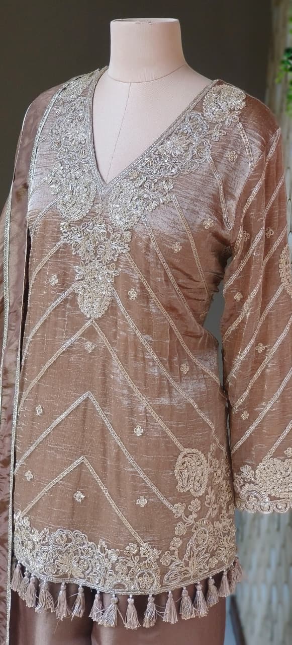 Antique Golden Rich Work Premium Tissue Short Length Kurta With Farsi Bottom & Dupatta- 12785