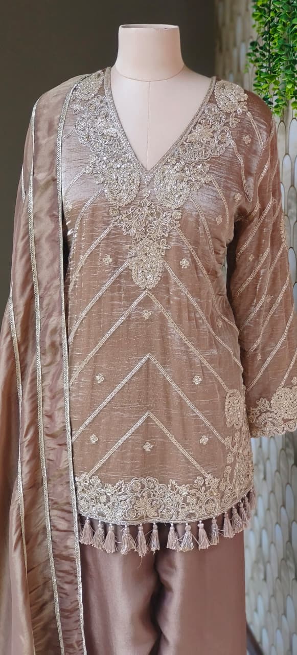 Antique Golden Rich Work Premium Tissue Short Length Kurta With Farsi Bottom & Dupatta- 12785