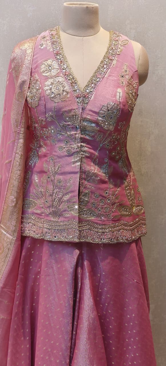 Royal Pink Embroidered Top With Banarasi Flared Bottom & Golden Woven Dupatta DRYWASH