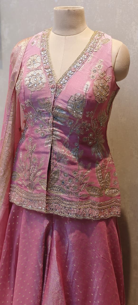 Royal Pink Embroidered Top With Banarasi Flared Bottom & Golden Woven Dupatta DRYWASH