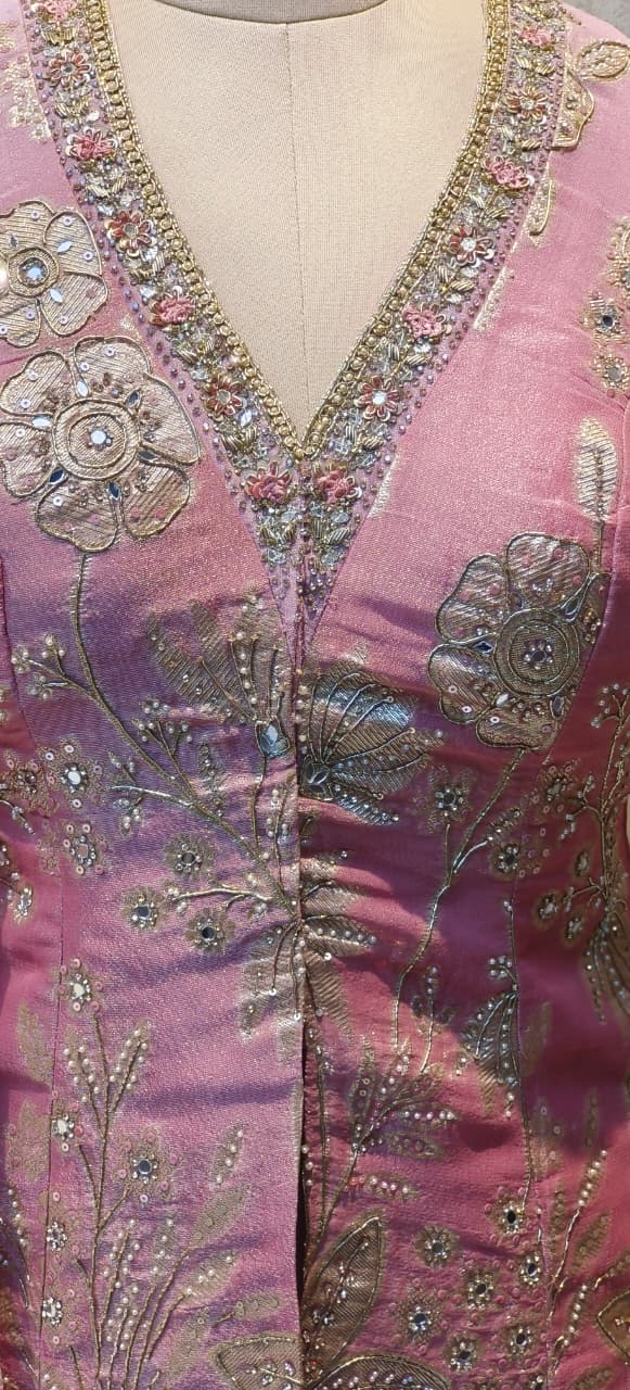 Royal Pink Embroidered Top With Banarasi Flared Bottom & Golden Woven Dupatta DRYWASH